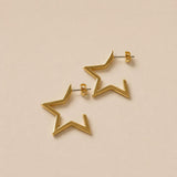 Gold Star Hoop Earrings, Big Open Star Studs With Titanium Pin