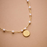 Gold Phaistos Disc Necklace, Pearl And Howlite Beaded Choker