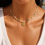 Gold Phaistos Disc Necklace, Pearl And Howlite Beaded Choker