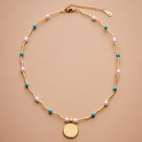 Gold Phaistos Disc Necklace, Pearl And Howlite Beaded Choker