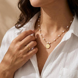 Gold Phaistos Disc Necklace, Pearl And Howlite Beaded Choker