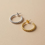 Braided Silver Hoop Earrings, Thin Twisted Rope Design