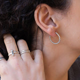 Braided Silver Hoop Earrings, Thin Twisted Rope Design