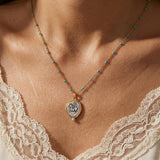 Gold Coin Pendant Necklace, Turquoise Rosario Chain