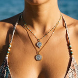 Gold Coin Pendant Necklace, Turquoise Rosario Chain