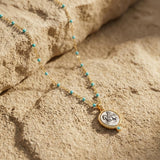 Gold Coin Pendant Necklace, Turquoise Rosario Chain