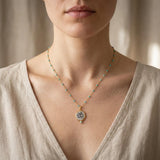Gold Coin Pendant Necklace, Turquoise Rosario Chain