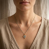 Gold Coin Pendant Necklace, Turquoise Rosario Chain
