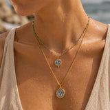 Gold Coin Pendant Necklace, Turquoise Rosario Chain
