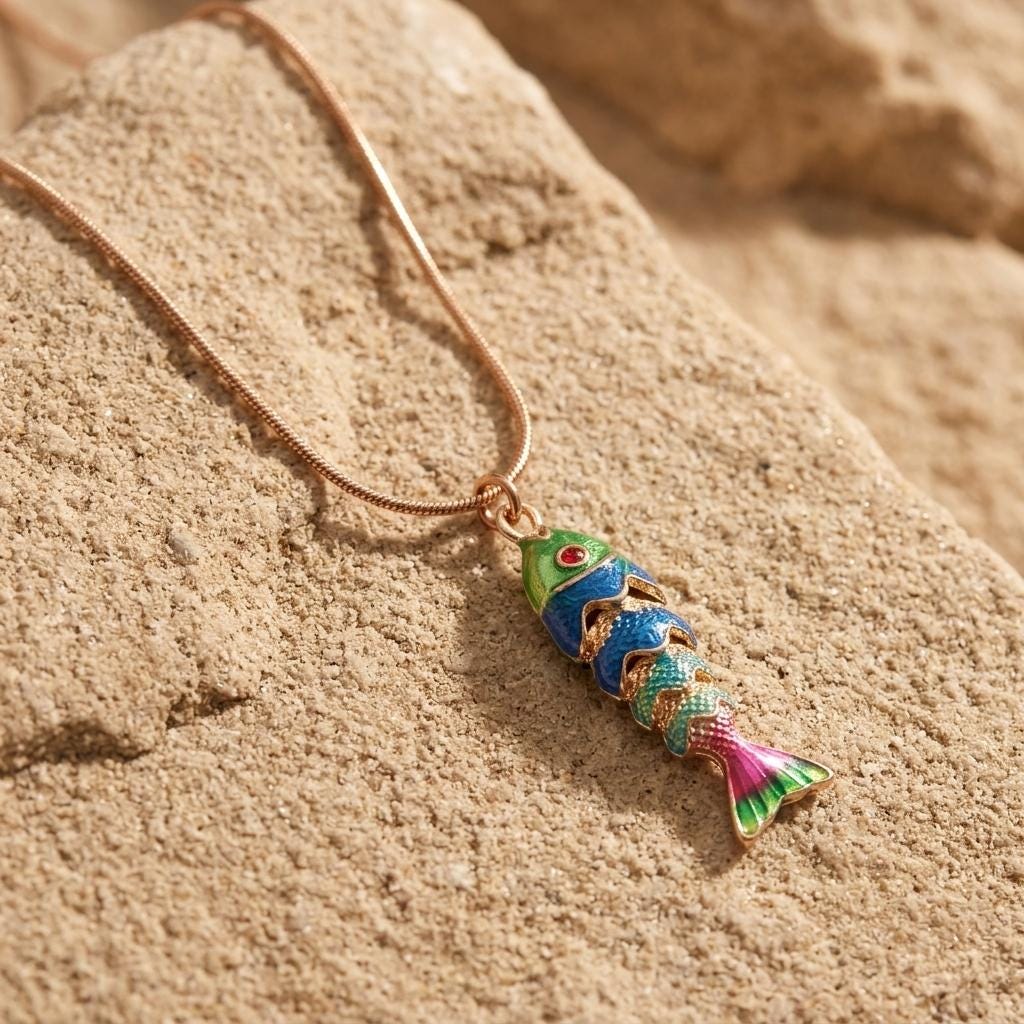 Gold Moving Fish Necklace with Enamel