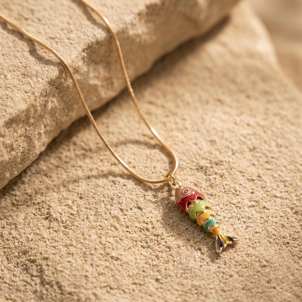 Gold Moving Fish Necklace with Enamel
