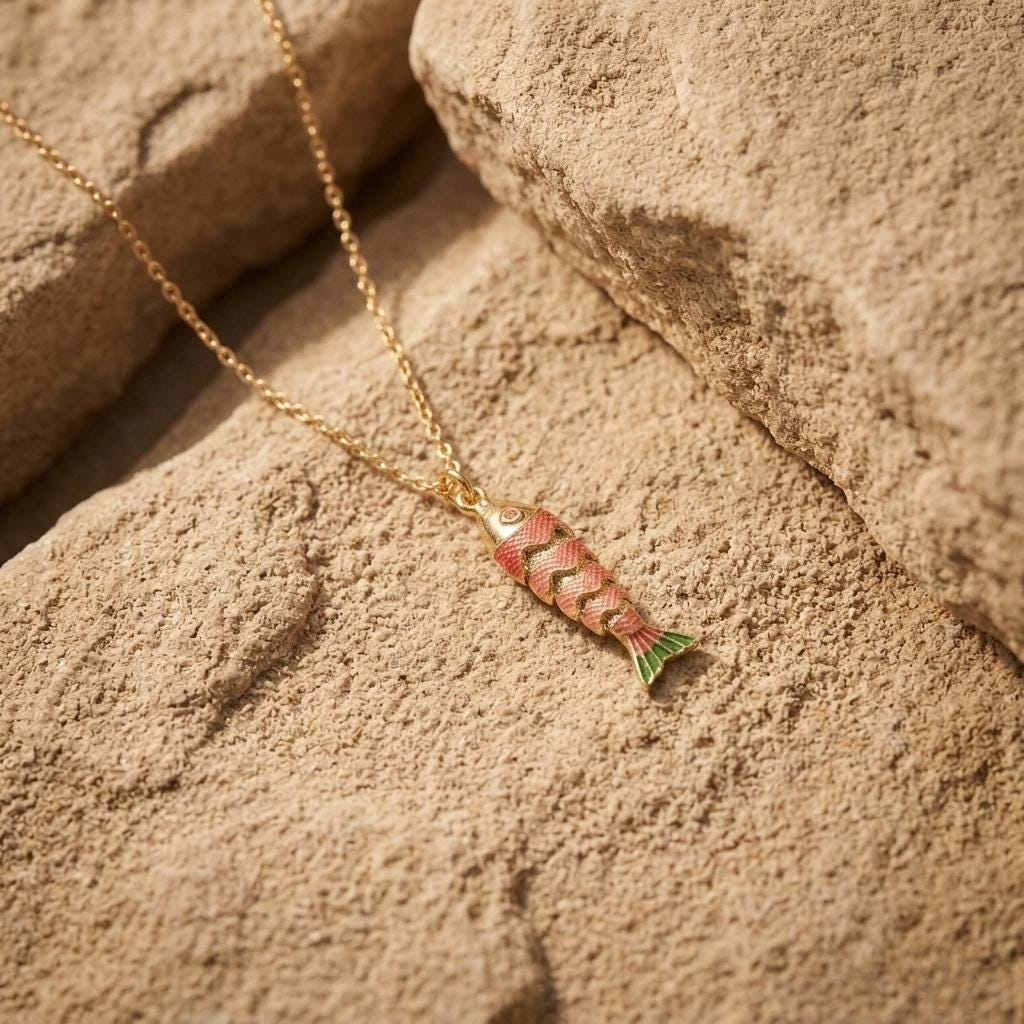 Gold Moving Fish Necklace with Enamel