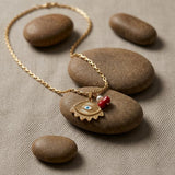 Gold Eye Necklace with Coral and Pearl
