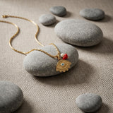 Gold Eye Necklace with Coral and Pearl