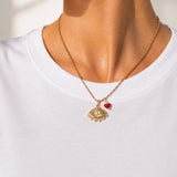 Gold Eye Necklace with Coral and Pearl