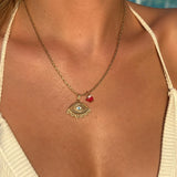 Gold Eye Necklace with Coral and Pearl