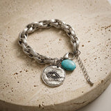 Silver Evil Eye Charm Bracelet, Turquoise Agate Bead, Chunky Stainless Steel Chain, Symbolic Jewelry