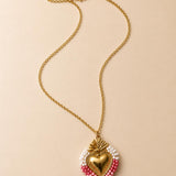 Gold Beaded Sacred Heart Pendant Necklace