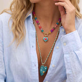 Colorful Enamel Heart Necklace with Woven Chain