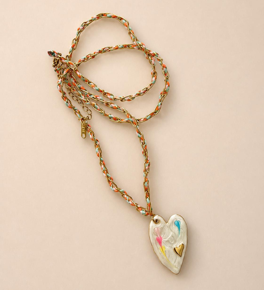 Colorful Enamel Heart Necklace with Woven Chain
