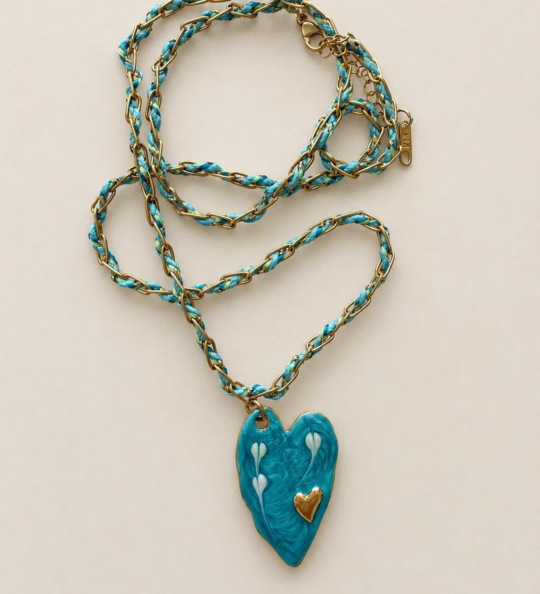 Colorful Enamel Heart Necklace with Woven Chain
