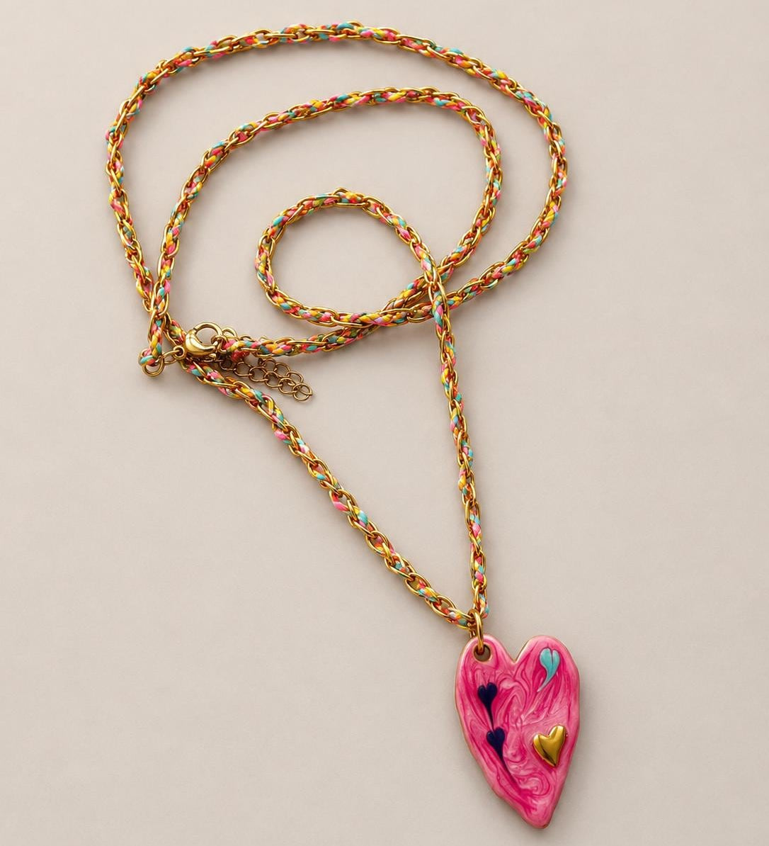 Colorful Enamel Heart Necklace with Woven Chain