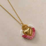 Gold Beaded Sacred Heart Pendant Necklace