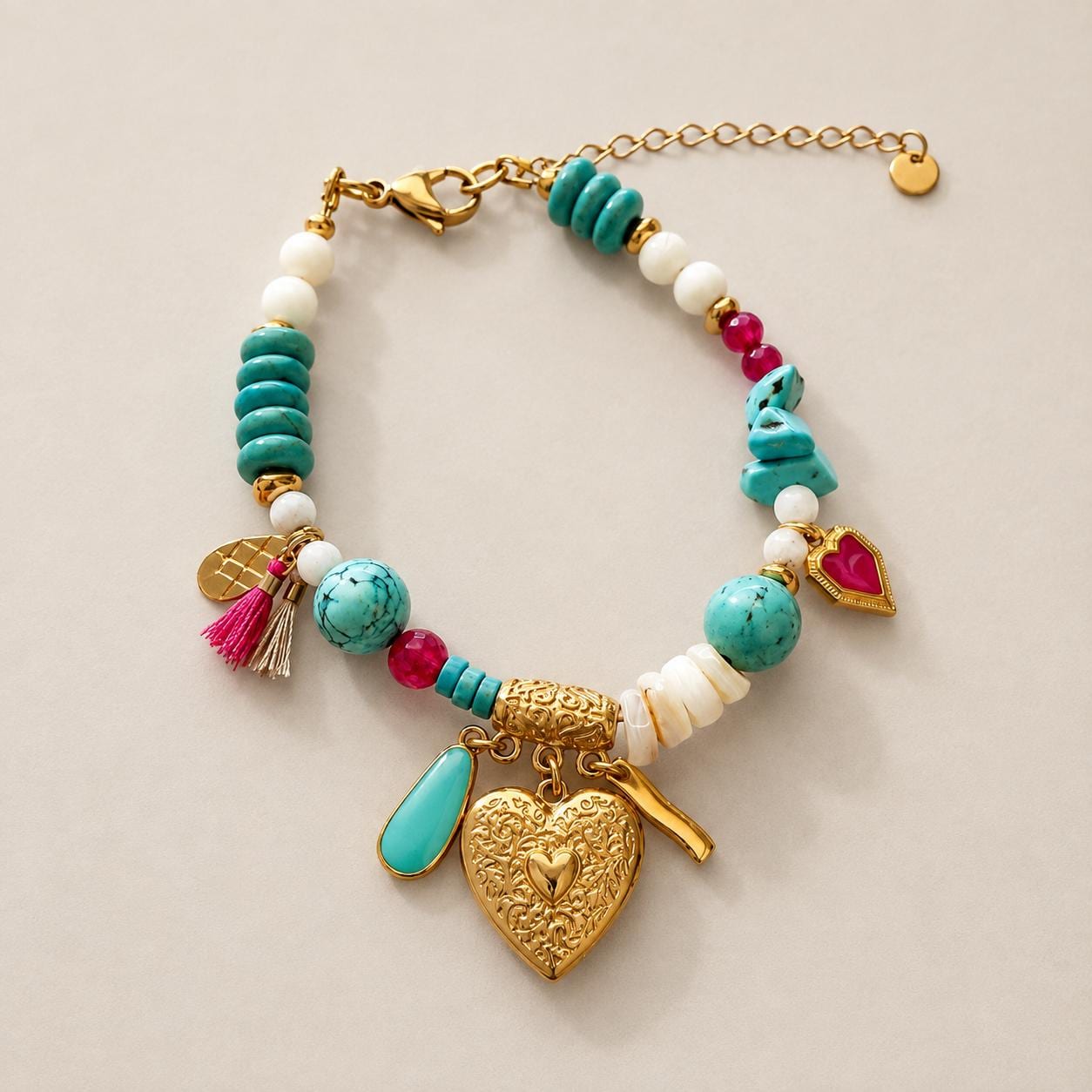 Colorful Gemstone & Gold Charm Summer Bracelet