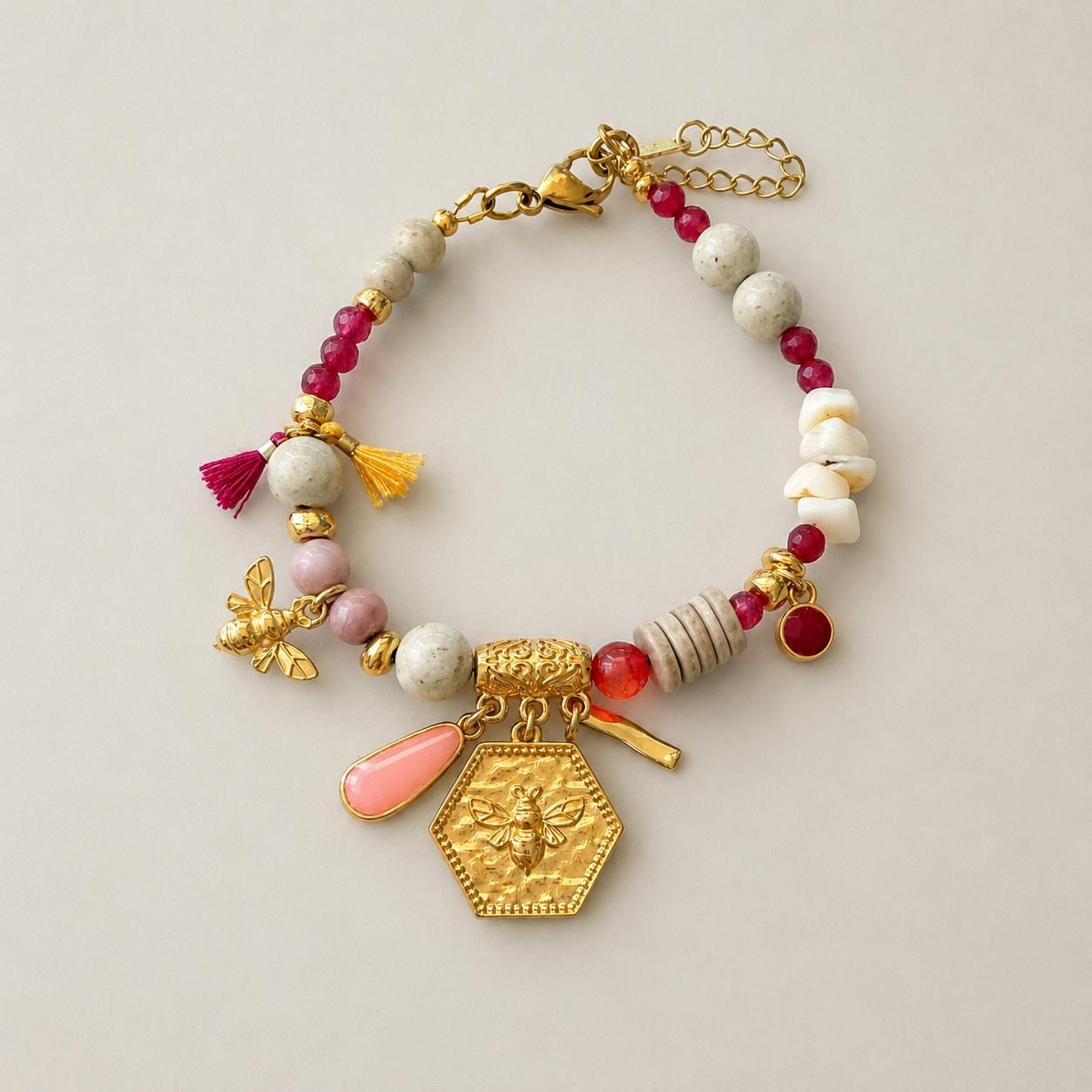 Colorful Gemstone & Gold Charm Summer Bracelet