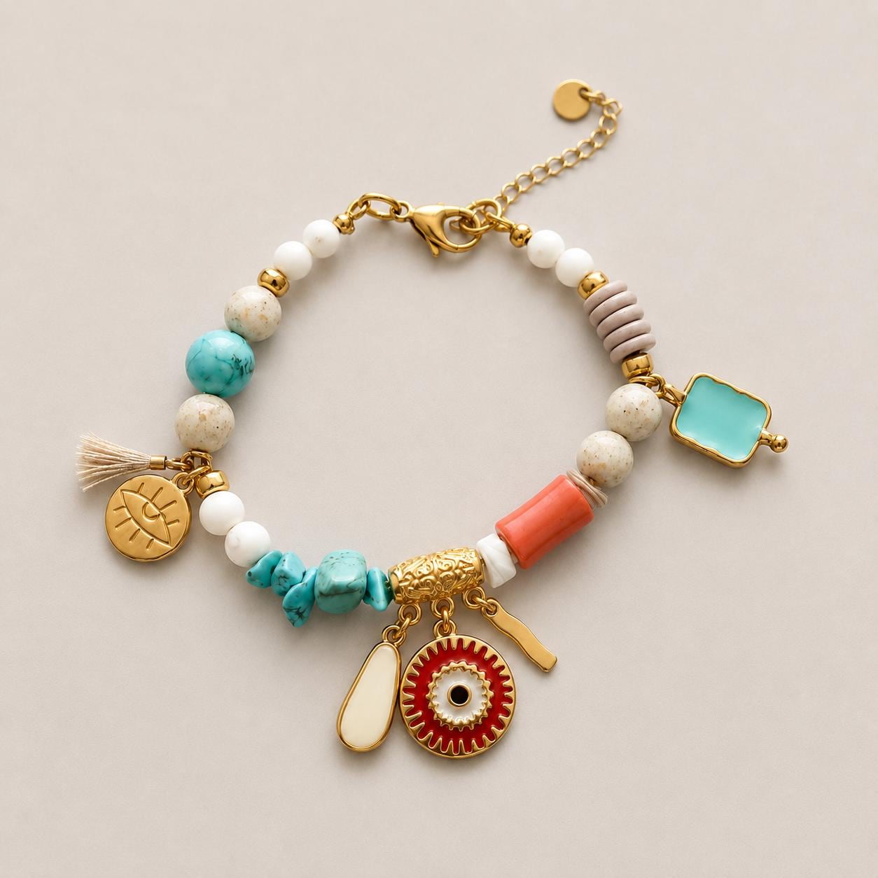 Colorful Gemstone & Gold Charm Summer Bracelet