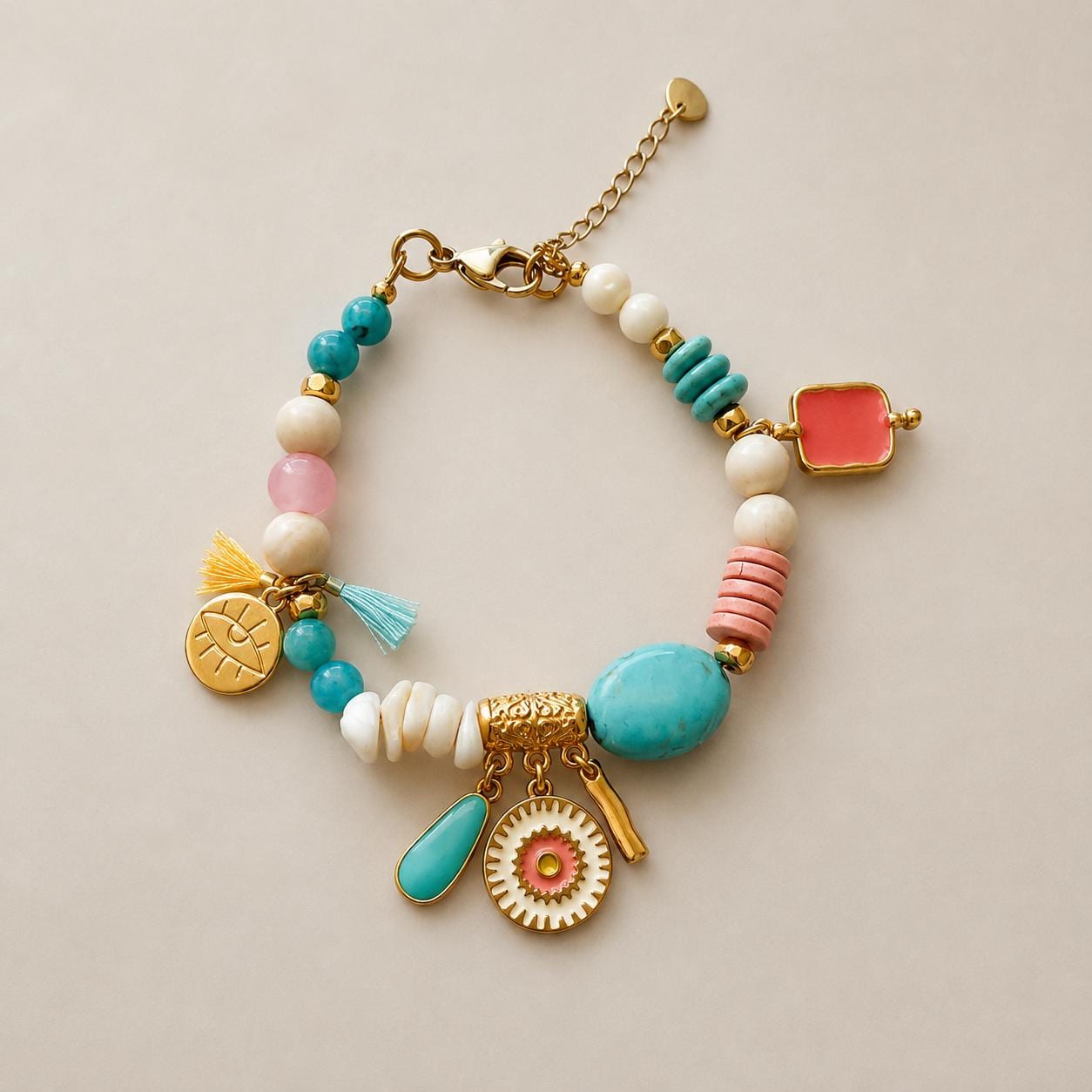 Colorful Gemstone & Gold Charm Summer Bracelet