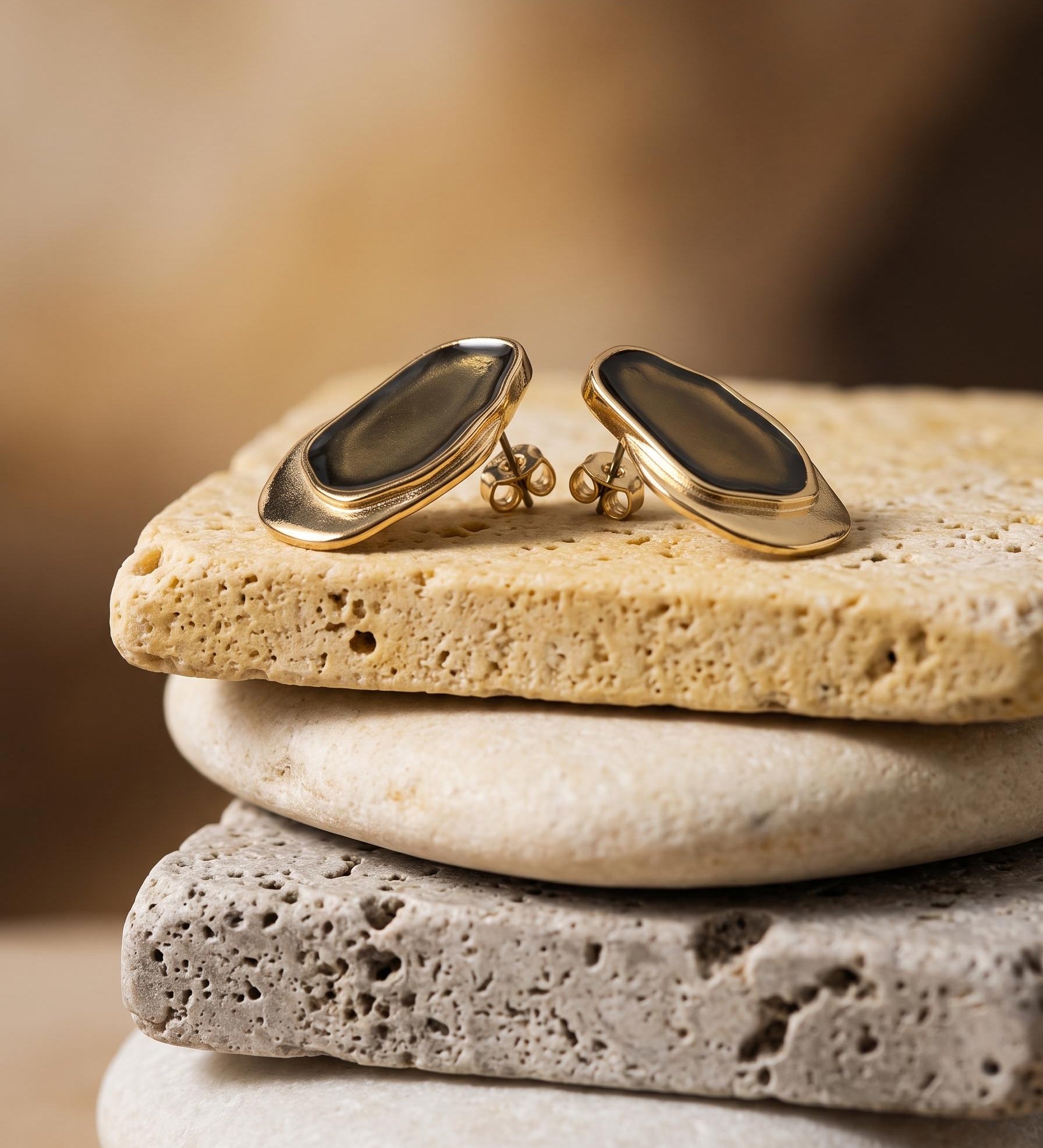 Gold Statement Earrings with Enamel, Organic Stud Earrings, Sculptural Earrings, Brown Enamel Earrings, Titanium Posts