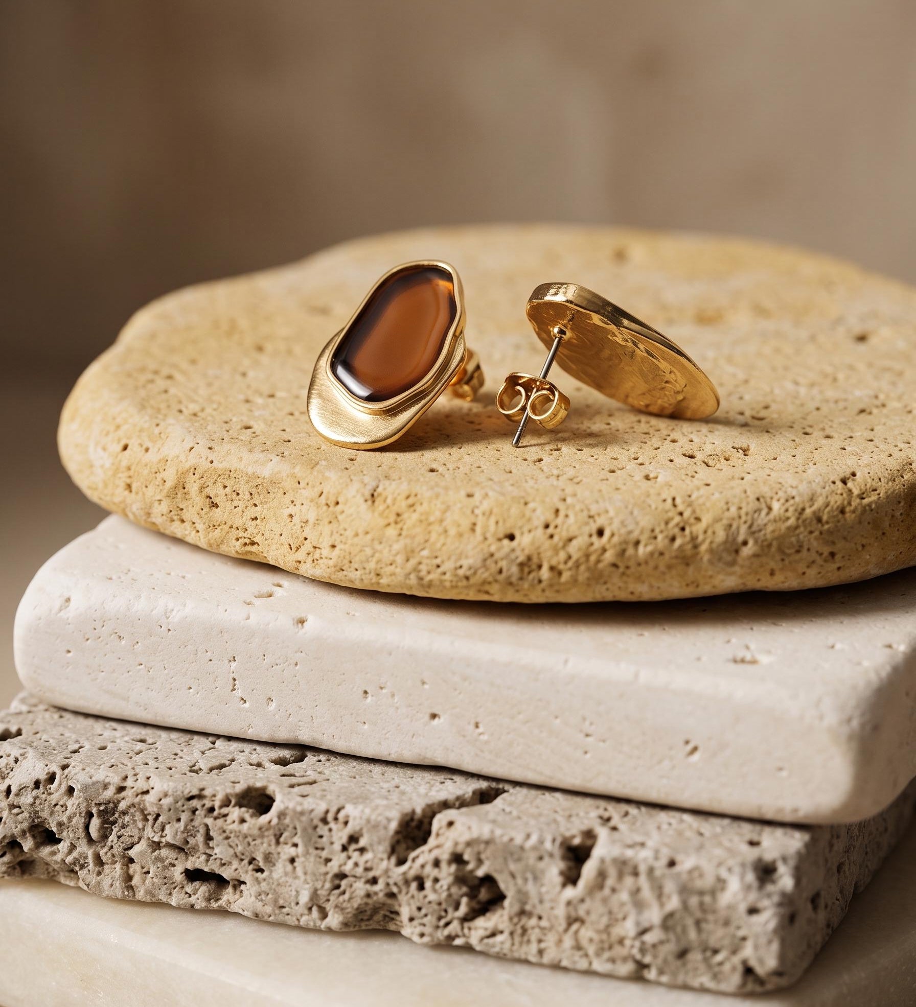 Gold Statement Earrings with Enamel, Organic Stud Earrings, Sculptural Earrings, Brown Enamel Earrings, Titanium Posts