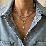 Silver Snake Chain Necklace with Front Double Clasp