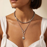 Silver Snake Chain Necklace with Front Double Clasp