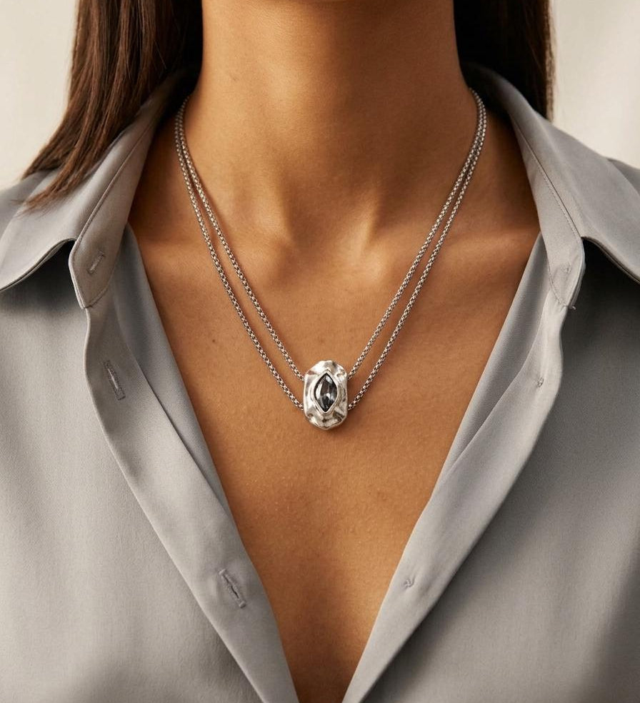 Double Chain Necklace with Crystal Night Pendant