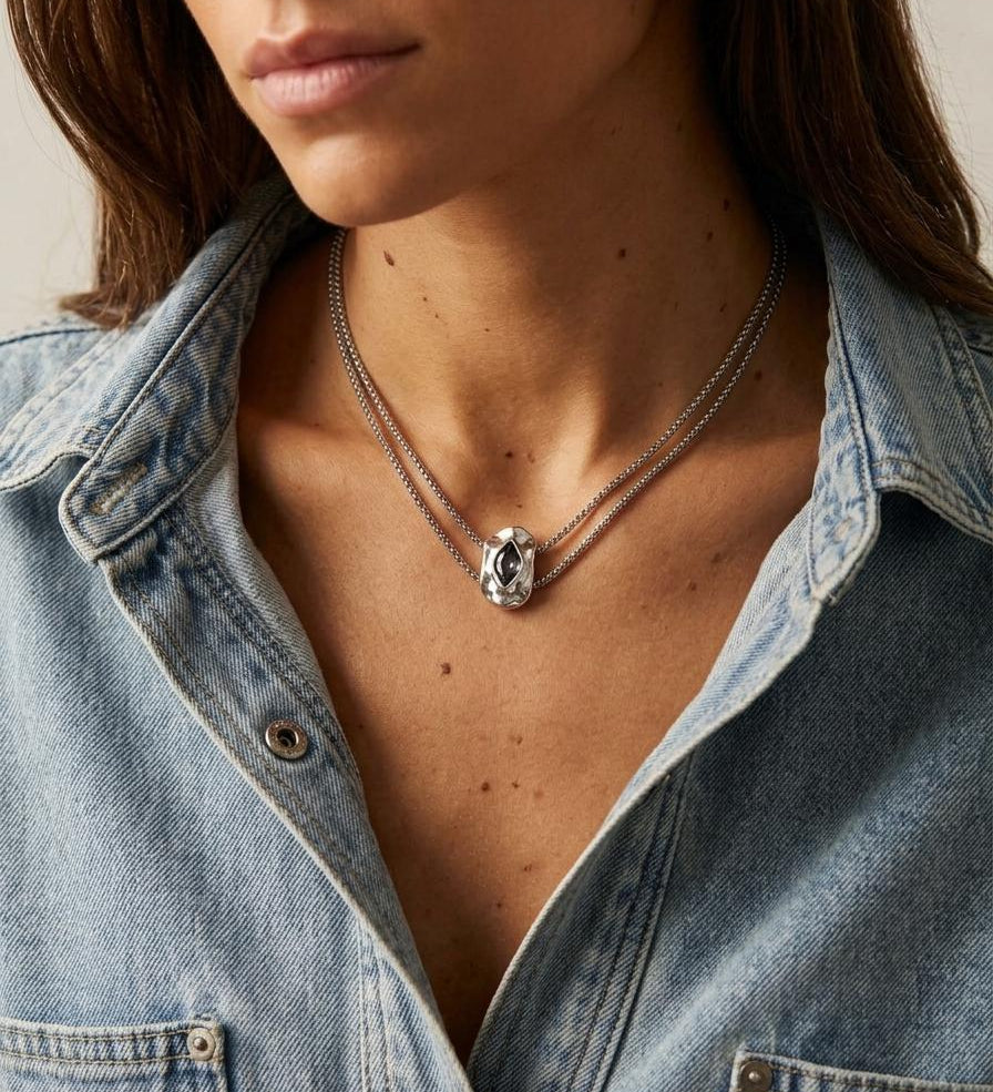 Double Chain Necklace with Crystal Night Pendant