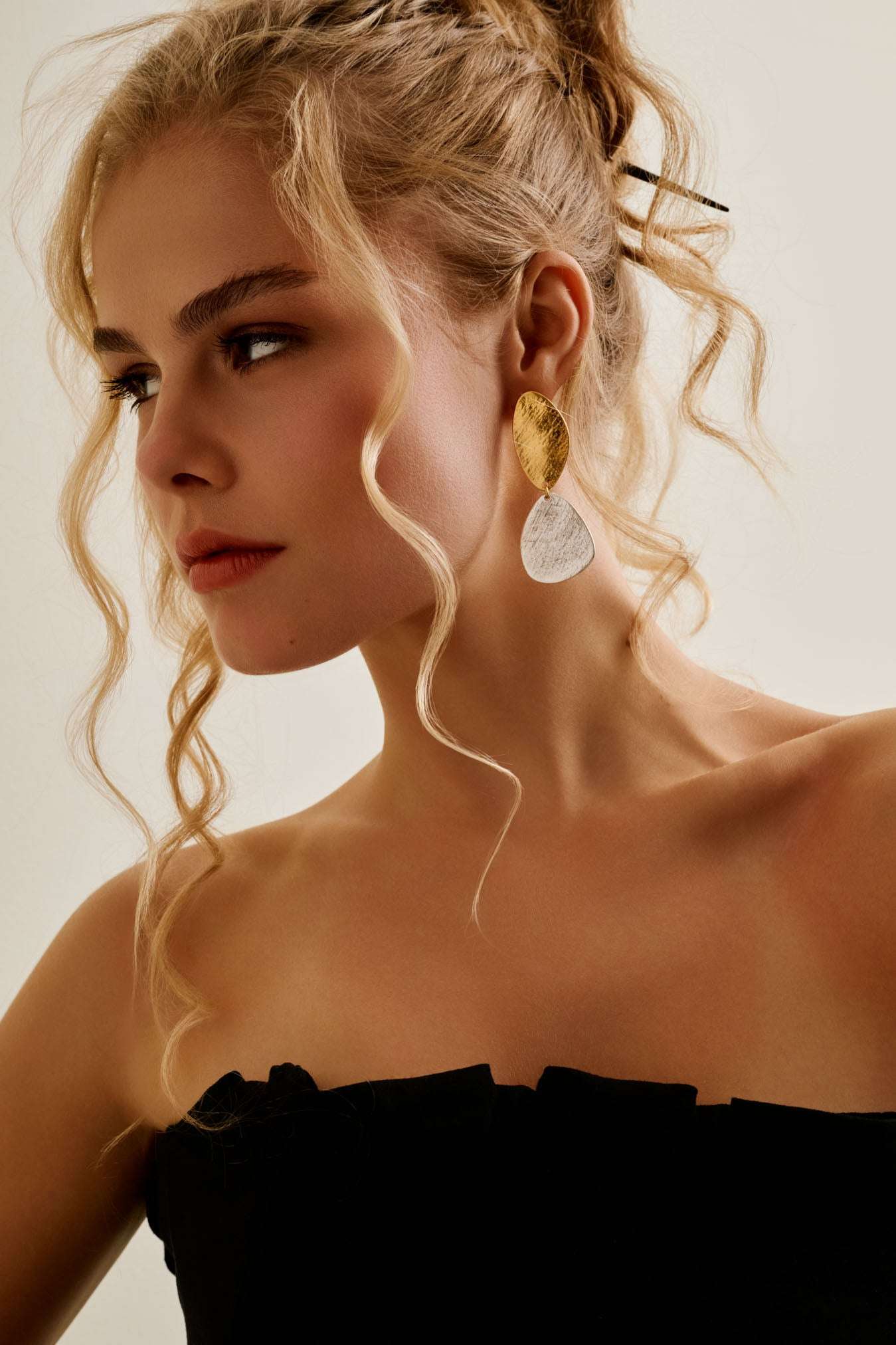 Long Mixed Metals Oval Hammered Earrings