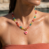 Colorful Frosted Glass Bead Necklace With Enamel Heart