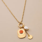 Multi Charm Necklace with Engraved Rays and Enamel Pendant
