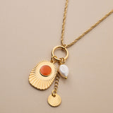 Multi Charm Necklace with Engraved Rays and Enamel Pendant