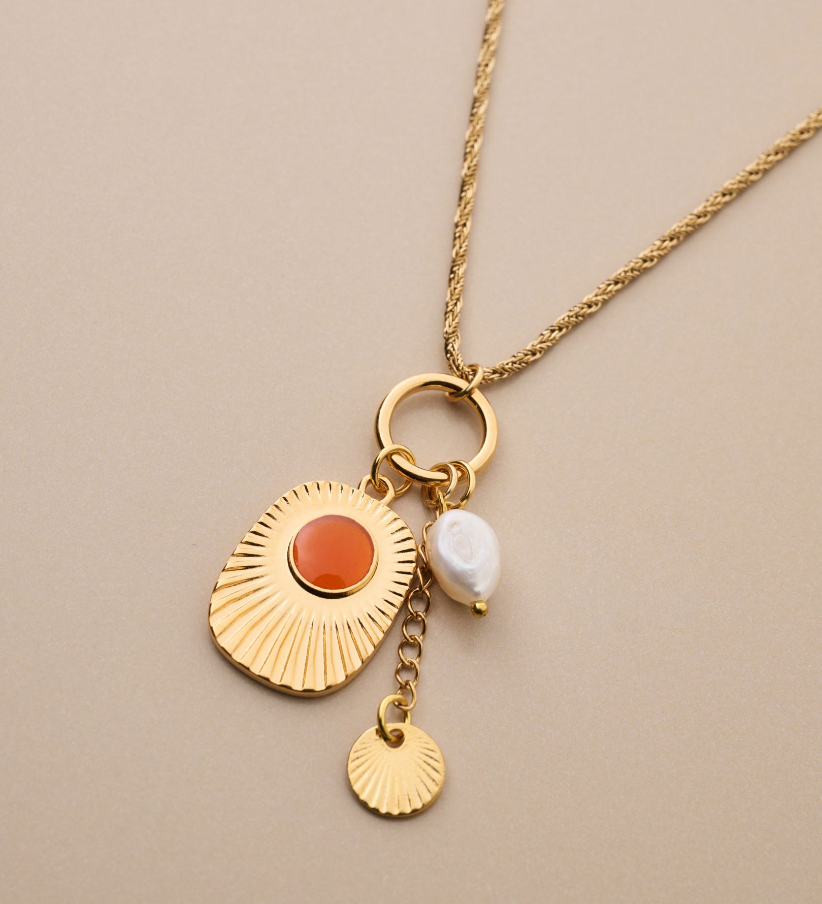 Multi Charm Necklace with Engraved Rays and Enamel Pendant