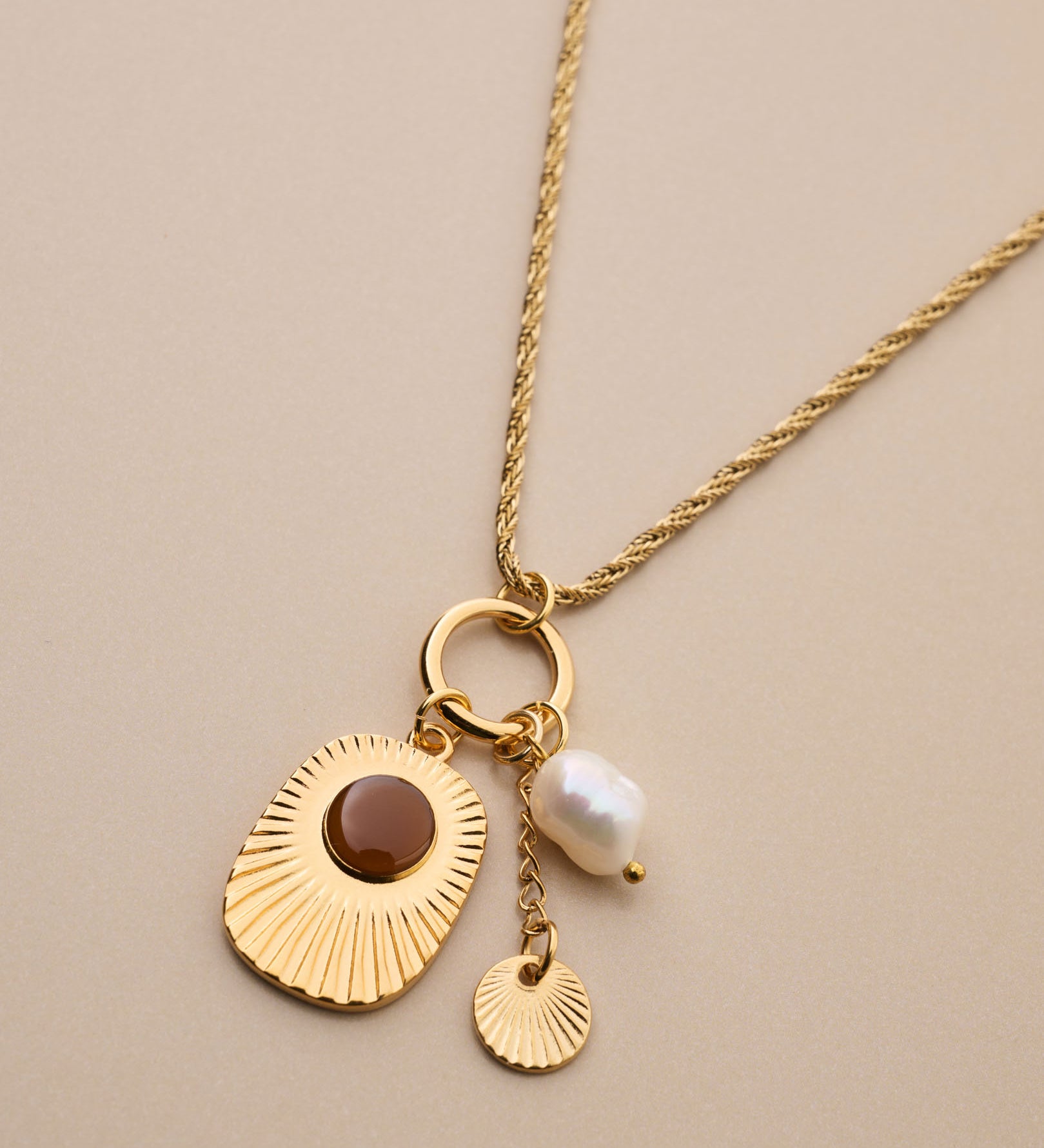 Multi Charm Necklace with Engraved Rays and Enamel Pendant